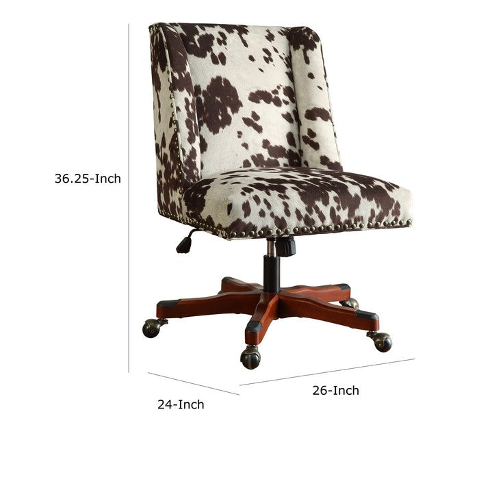 Height Adjustable Swivel Office Chair with Wood Base, Brown and White