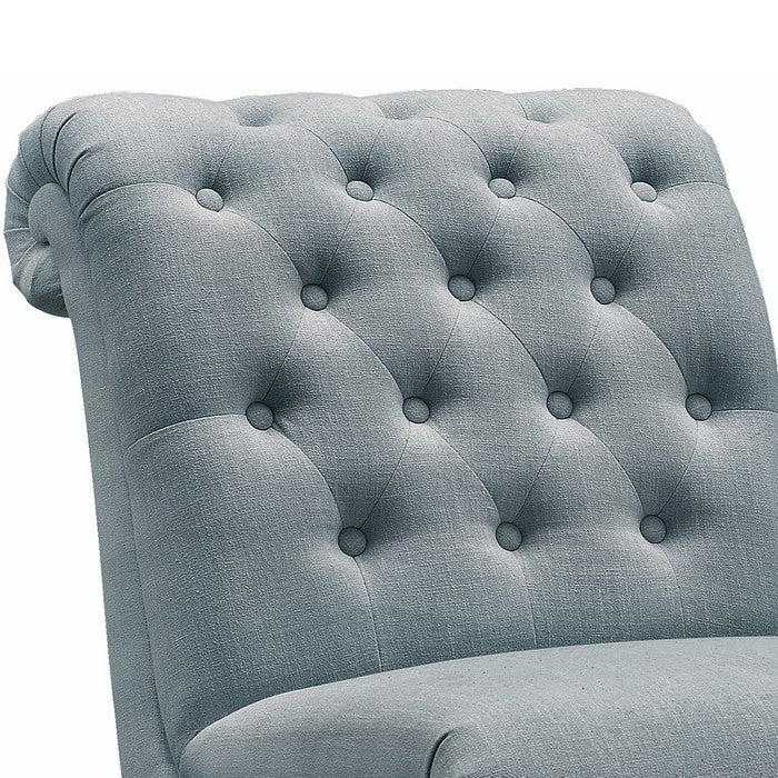 Fabric Upholstered Wooden Armless Chair with Roll Back, Blue and Brown
