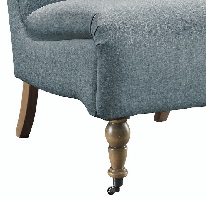 Fabric Upholstered Wooden Armless Chair with Roll Back, Blue and Brown
