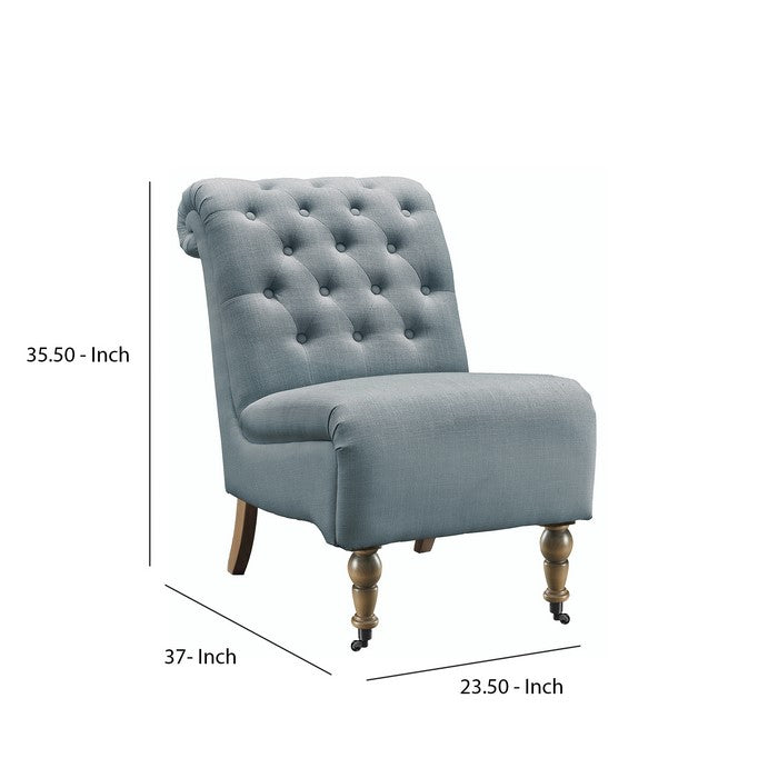 Fabric Upholstered Wooden Armless Chair with Roll Back, Blue and Brown