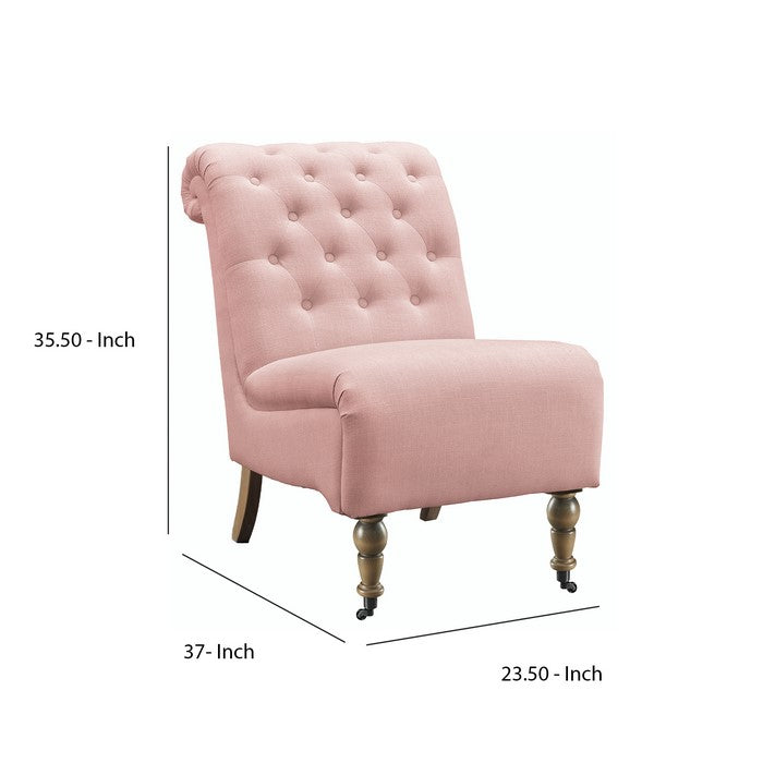 Fabric Upholstered Wooden Armless Chair with Roll Back, Pink and Brown