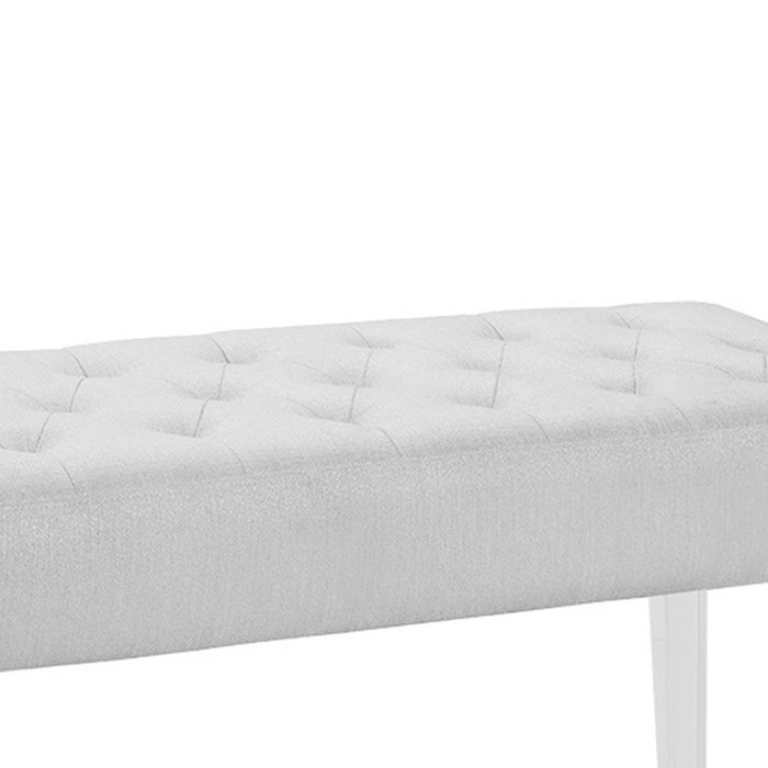Tufted Fabric Upholstered Bench with Acrylic Legs, White and Clear