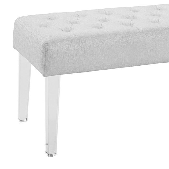 Tufted Fabric Upholstered Bench with Acrylic Legs, White and Clear