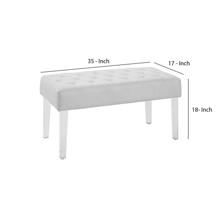 Tufted Fabric Upholstered Bench with Acrylic Legs, White and Clear