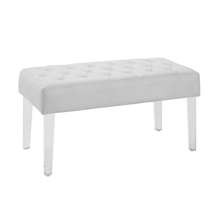 Tufted Fabric Upholstered Bench with Acrylic Legs, White and Clear