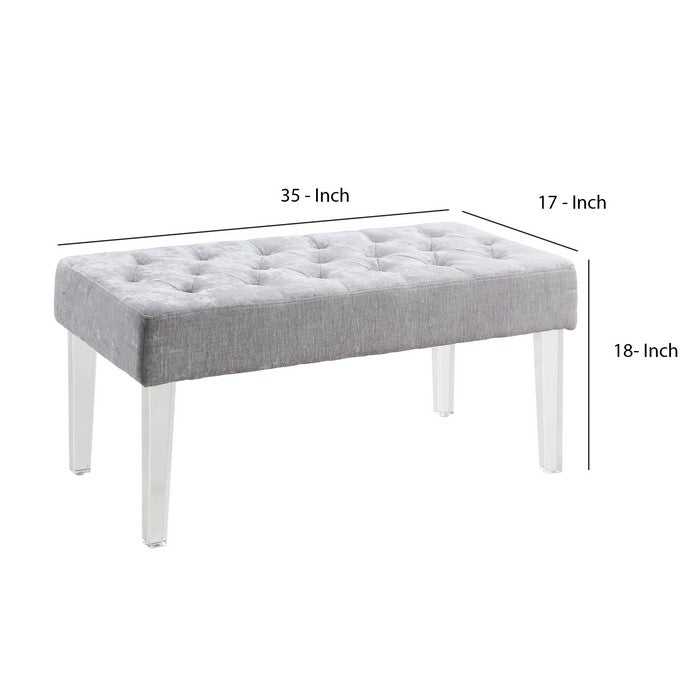 Tufted Fabric Upholstered Bench with Acrylic Legs, Gray and Clear