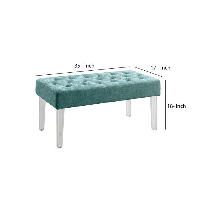 Tufted Fabric Upholstered Bench with Acrylic Legs, Green and Clear