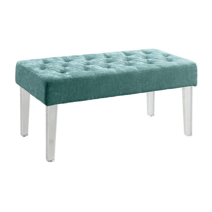 Tufted Fabric Upholstered Bench with Acrylic Legs, Green and Clear