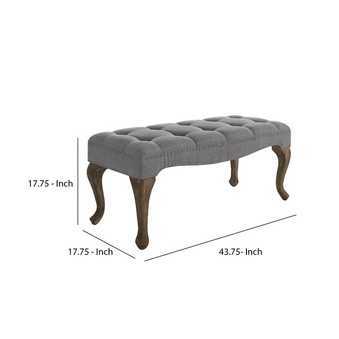Fabric Upholstered Wooden Bench with Tufting Details, Gray and Brown