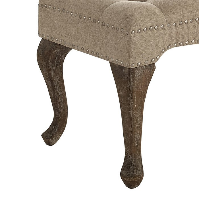 Fabric Upholstered Wooden Bench with Tufting Details, Beige and Brown