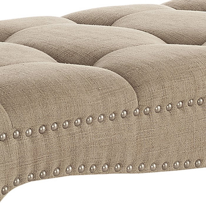 Fabric Upholstered Wooden Bench with Tufting Details, Beige and Brown