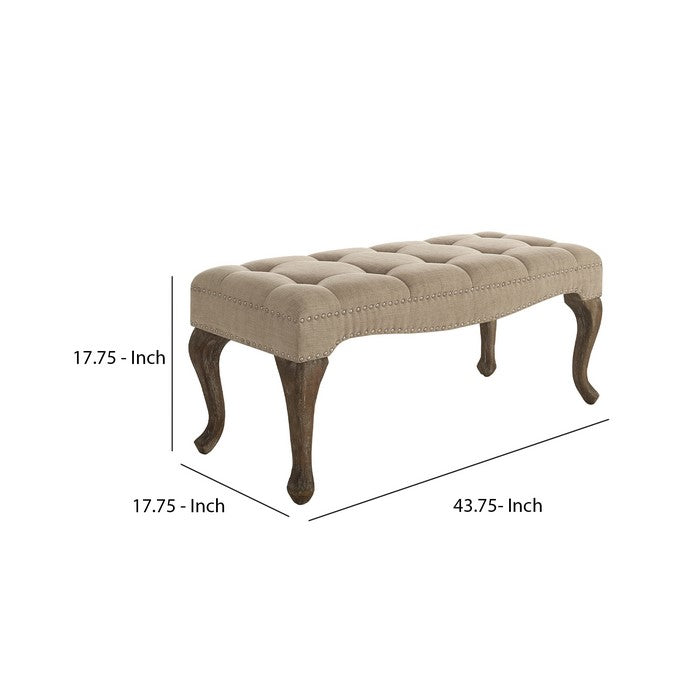 Fabric Upholstered Wooden Bench with Tufting Details, Beige and Brown