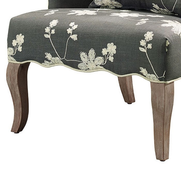 Fabric Upholstered Wooden Chair with Floral Embroidery, Gray and Brown