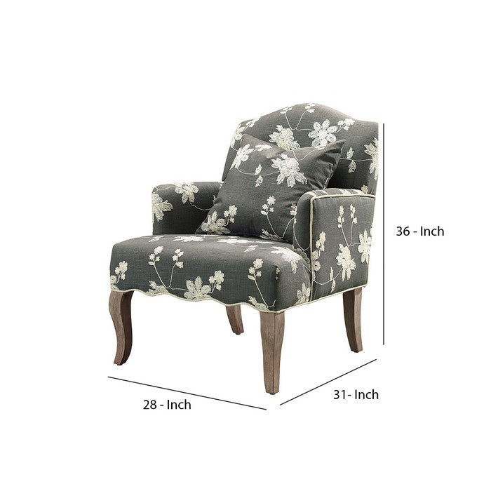Fabric Upholstered Wooden Chair with Floral Embroidery, Gray and Brown