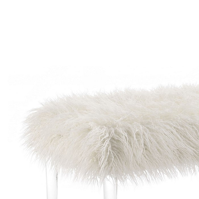 Luxurious Faux Fur Upholstered Bench with Tapered Legs,Clear and White