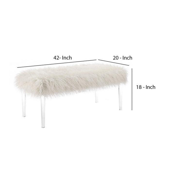 Luxurious Faux Fur Upholstered Bench with Tapered Legs,Clear and White