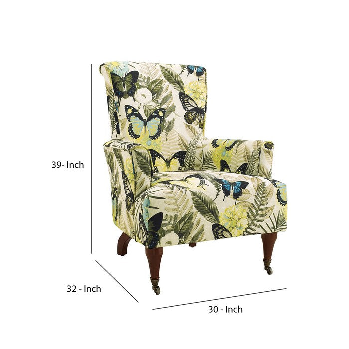 Fabric Upholstered Wooden Arm Chair with High Backrest, Multicolor