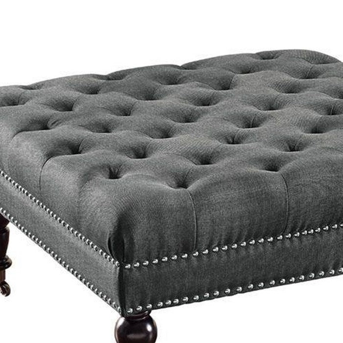 Fabric Upholstered Wooden Ottoman with Tufting Details, Gray and Black