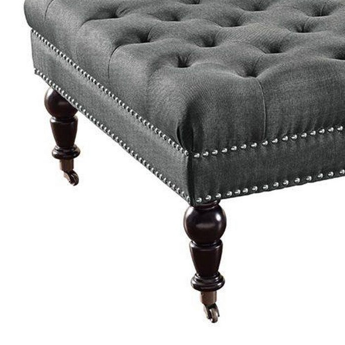 Fabric Upholstered Wooden Ottoman with Tufting Details, Gray and Black