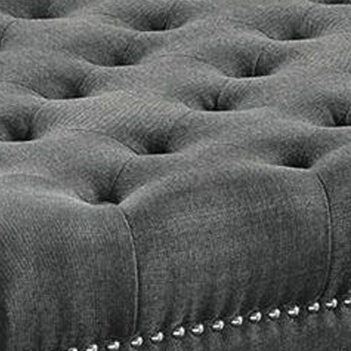 Fabric Upholstered Wooden Ottoman with Tufting Details, Gray and Black