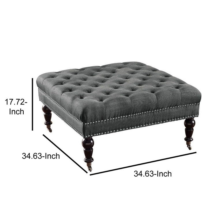 Fabric Upholstered Wooden Ottoman with Tufting Details, Gray and Black