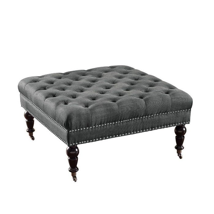 Fabric Upholstered Wooden Ottoman with Tufting Details, Gray and Black