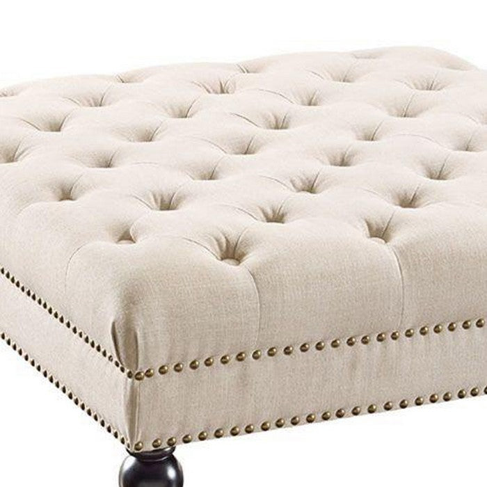 Fabric Upholstered Wooden Ottoman with Tufting Details,White and Black