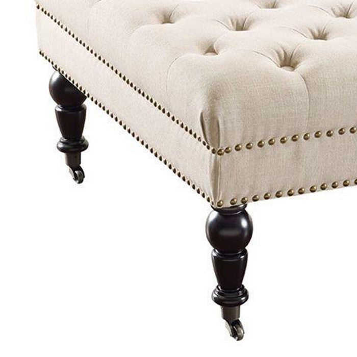 Fabric Upholstered Wooden Ottoman with Tufting Details,White and Black