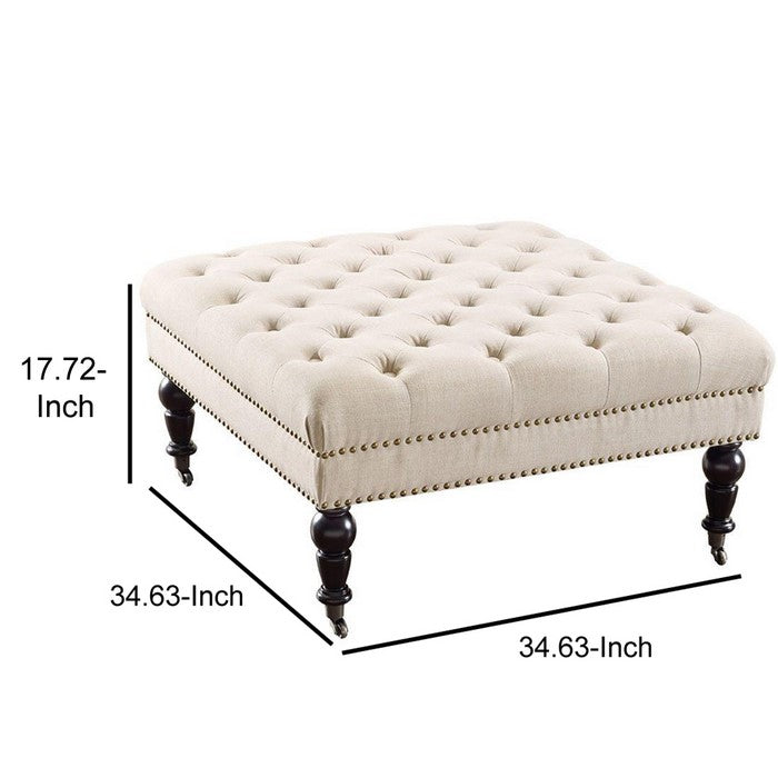 Fabric Upholstered Wooden Ottoman with Tufting Details,White and Black
