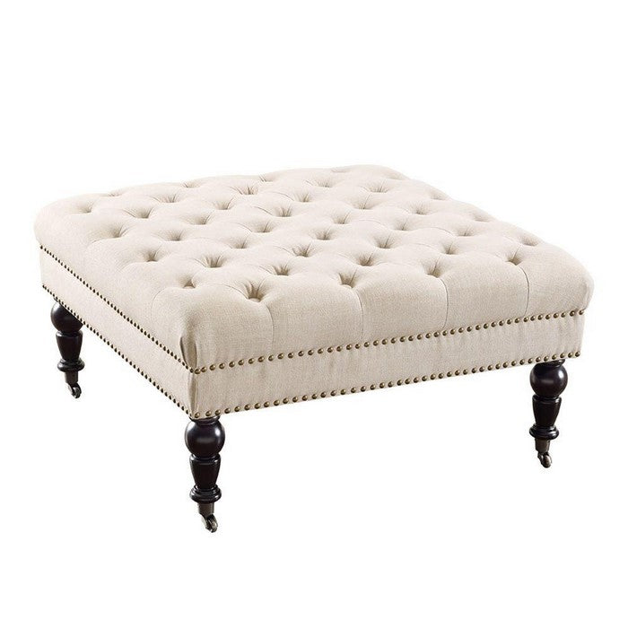Fabric Upholstered Wooden Ottoman with Tufting Details,White and Black