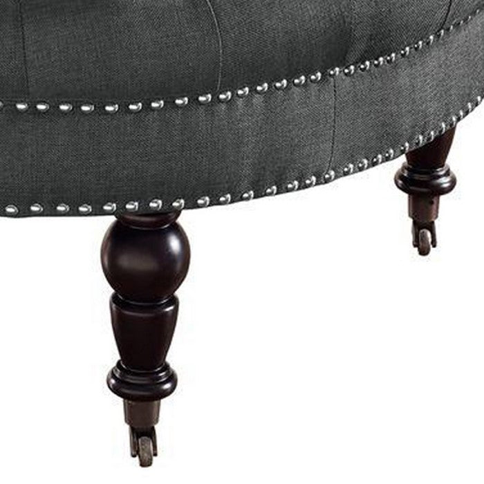 Fabric Upholstered Round Tufted Ottoman with Wood Legs, Gray and Black