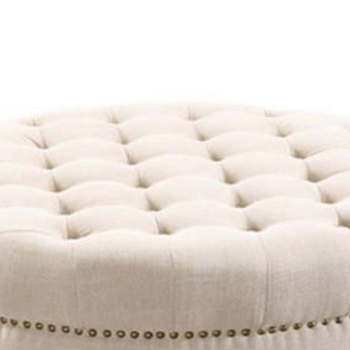 Fabric Upholstered Round Tufted Ottoman with Wood Legs,White and Black