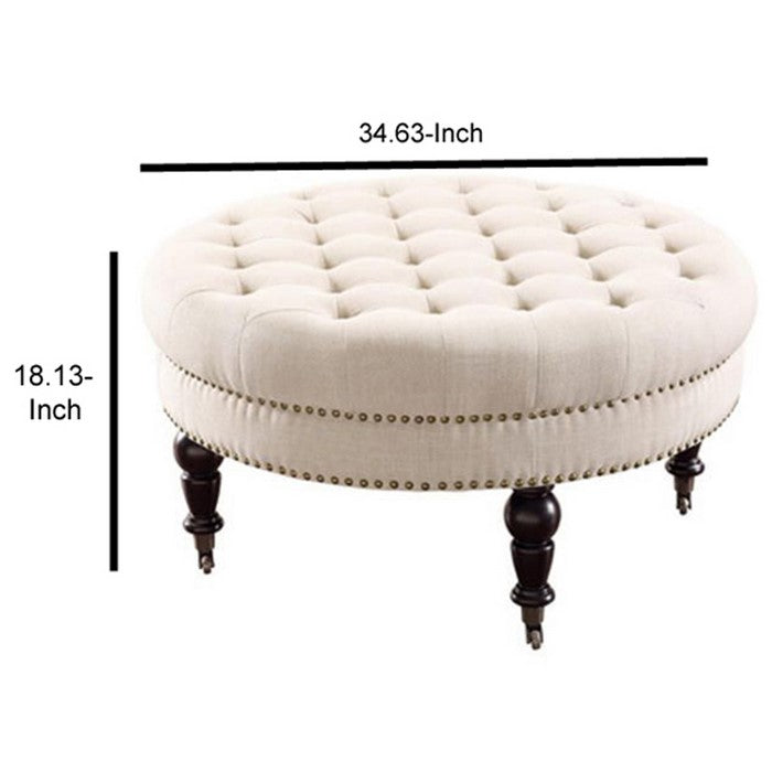 Fabric Upholstered Round Tufted Ottoman with Wood Legs,White and Black