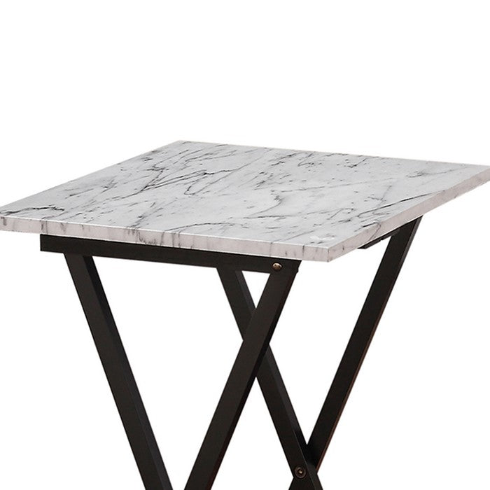 5 Piece Foldable Tray Table Set with Faux Marble Top, Brown and White