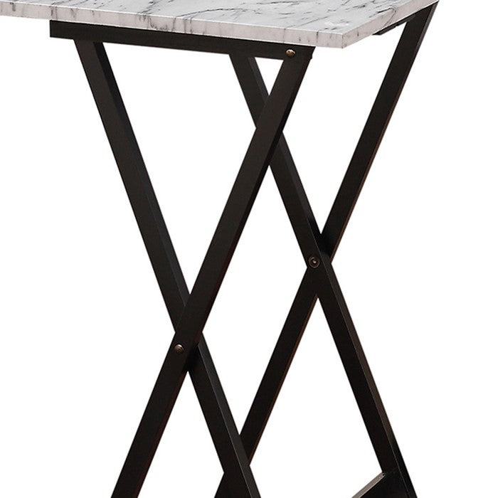5 Piece Foldable Tray Table Set with Faux Marble Top, Brown and White