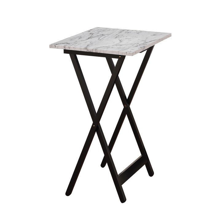 5 Piece Foldable Tray Table Set with Faux Marble Top, Brown and White