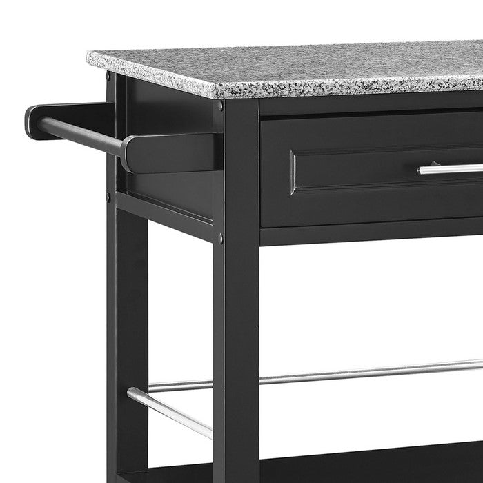 Granite Inlaid Spacious Wooden Kitchen Cart, Black and Gray