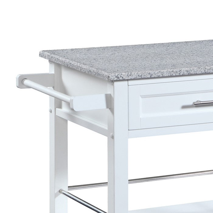 Granite Inlaid Spacious Wooden Kitchen Cart, White and Gray
