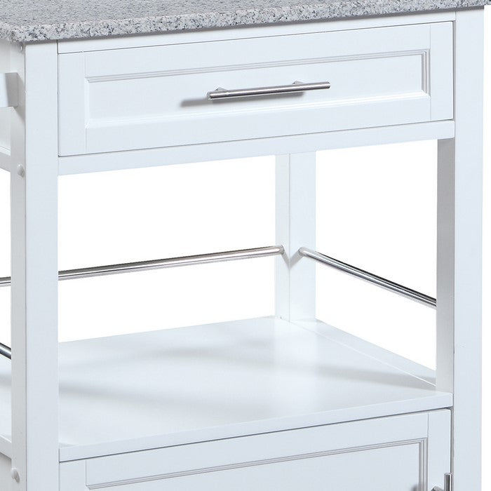 Granite Inlaid Spacious Wooden Kitchen Cart, White and Gray