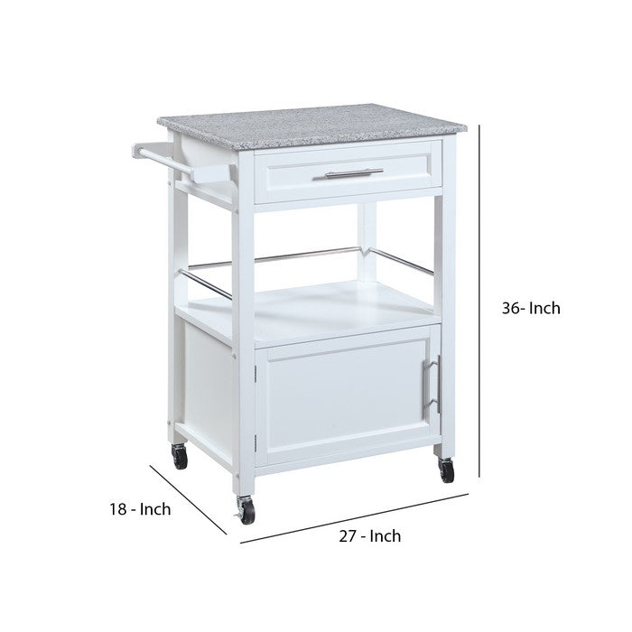 Granite Inlaid Spacious Wooden Kitchen Cart, White and Gray