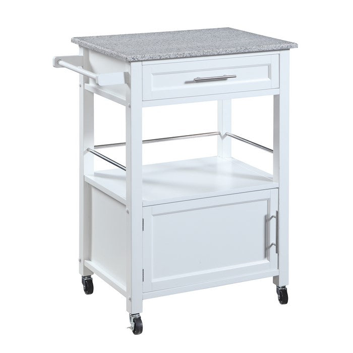 Granite Inlaid Spacious Wooden Kitchen Cart, White and Gray