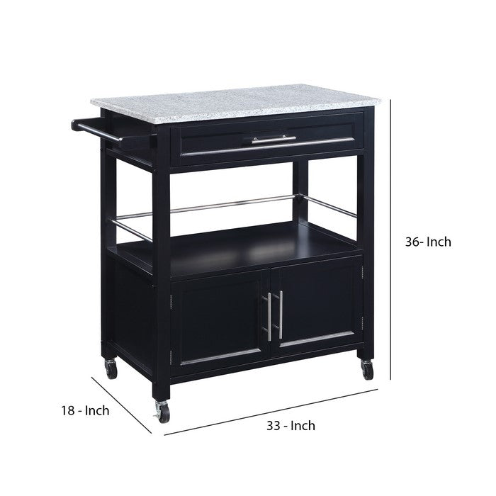 Spacious Wooden Kitchen Cart with Granite Inlaid Top, Black and Gray