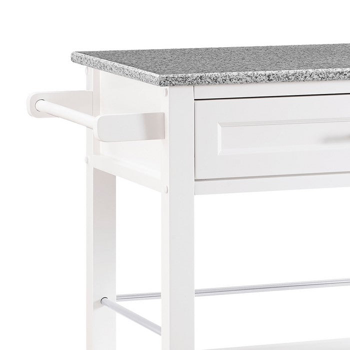 Spacious Wooden Kitchen Cart with Granite Inlaid Top, White and Gray