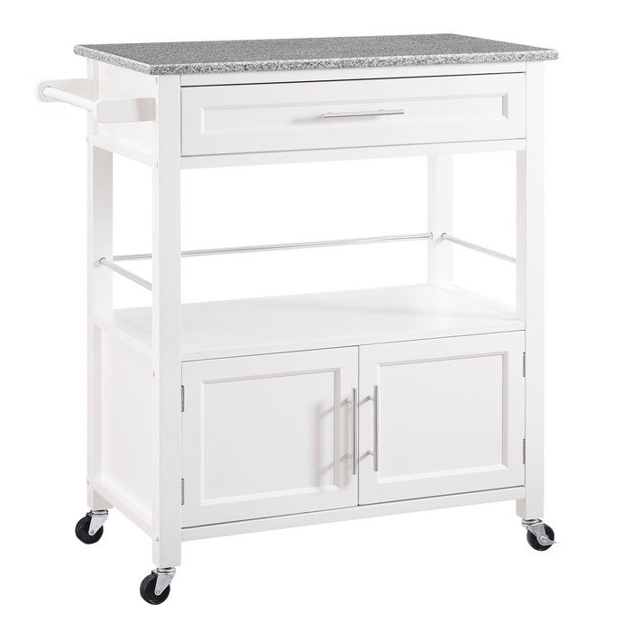 Spacious Wooden Kitchen Cart with Granite Inlaid Top, White and Gray