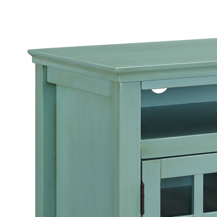 Three Door Wooden Media Cabinet with Two Open Shelves, Blue