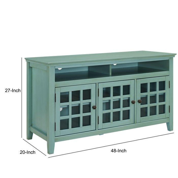 Three Door Wooden Media Cabinet with Two Open Shelves, Blue