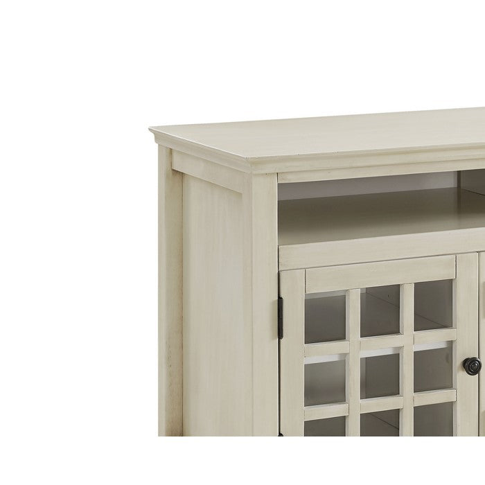 Three Door Wooden Media Cabinet with Two Open Shelves, White