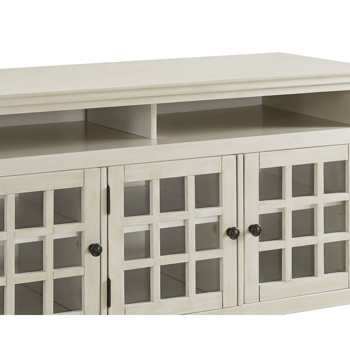 Three Door Wooden Media Cabinet with Two Open Shelves, White