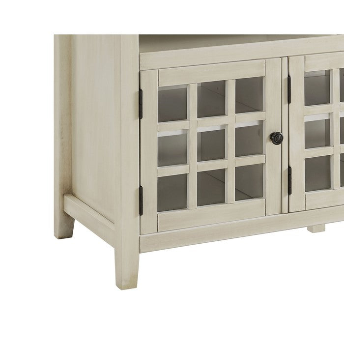 Three Door Wooden Media Cabinet with Two Open Shelves, White