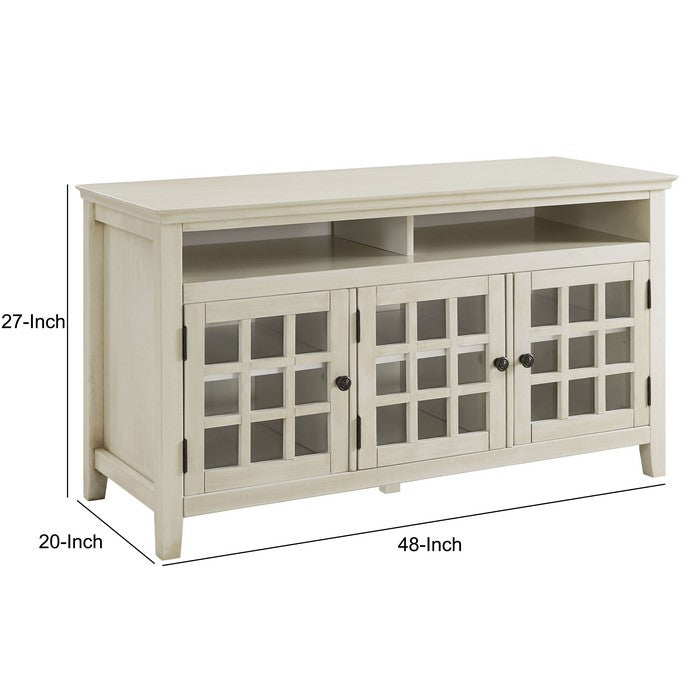 Three Door Wooden Media Cabinet with Two Open Shelves, White